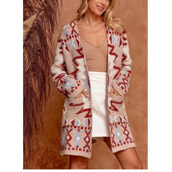 Boho Aztec Tribal Cowichan Knit Cardigan Sweater Duster Top Western Yellowstone - Picture 2 of 6